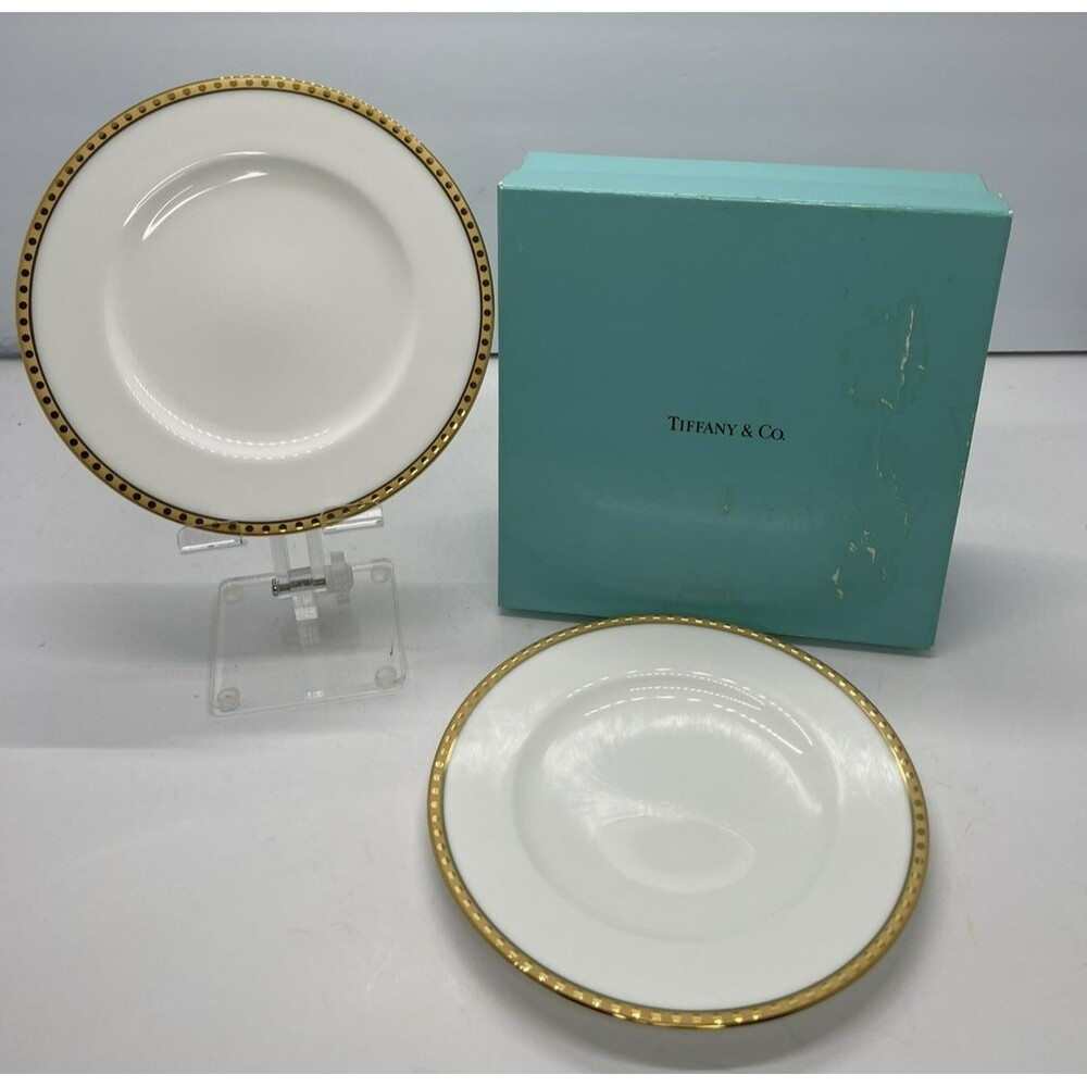 Tiffany & Co. Porcelain Plate Set of 2 White Gold Trim – Japan with Box/61